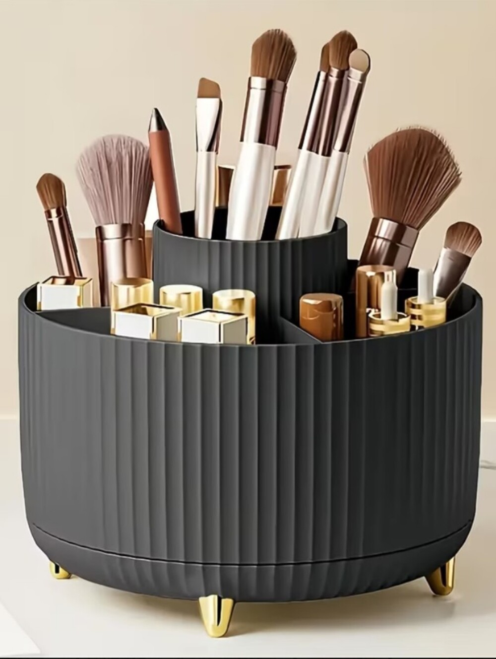 Black Cosmetic Brush & Lipstick Organizer with Gold Feet